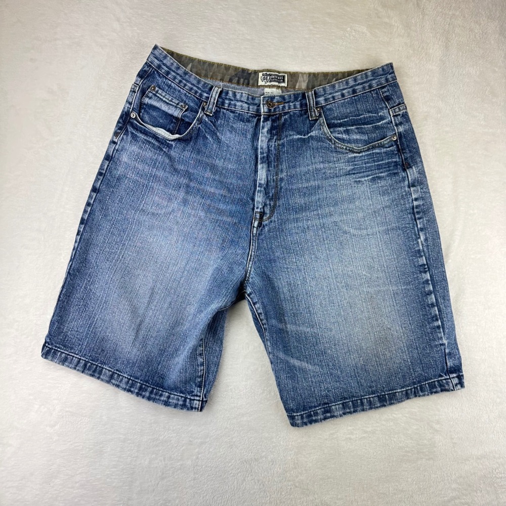 Route 66 Denim Shorts Mens Cargo Camo Trim Relaxed 40 Blue Cotton VTG 90s Grunge